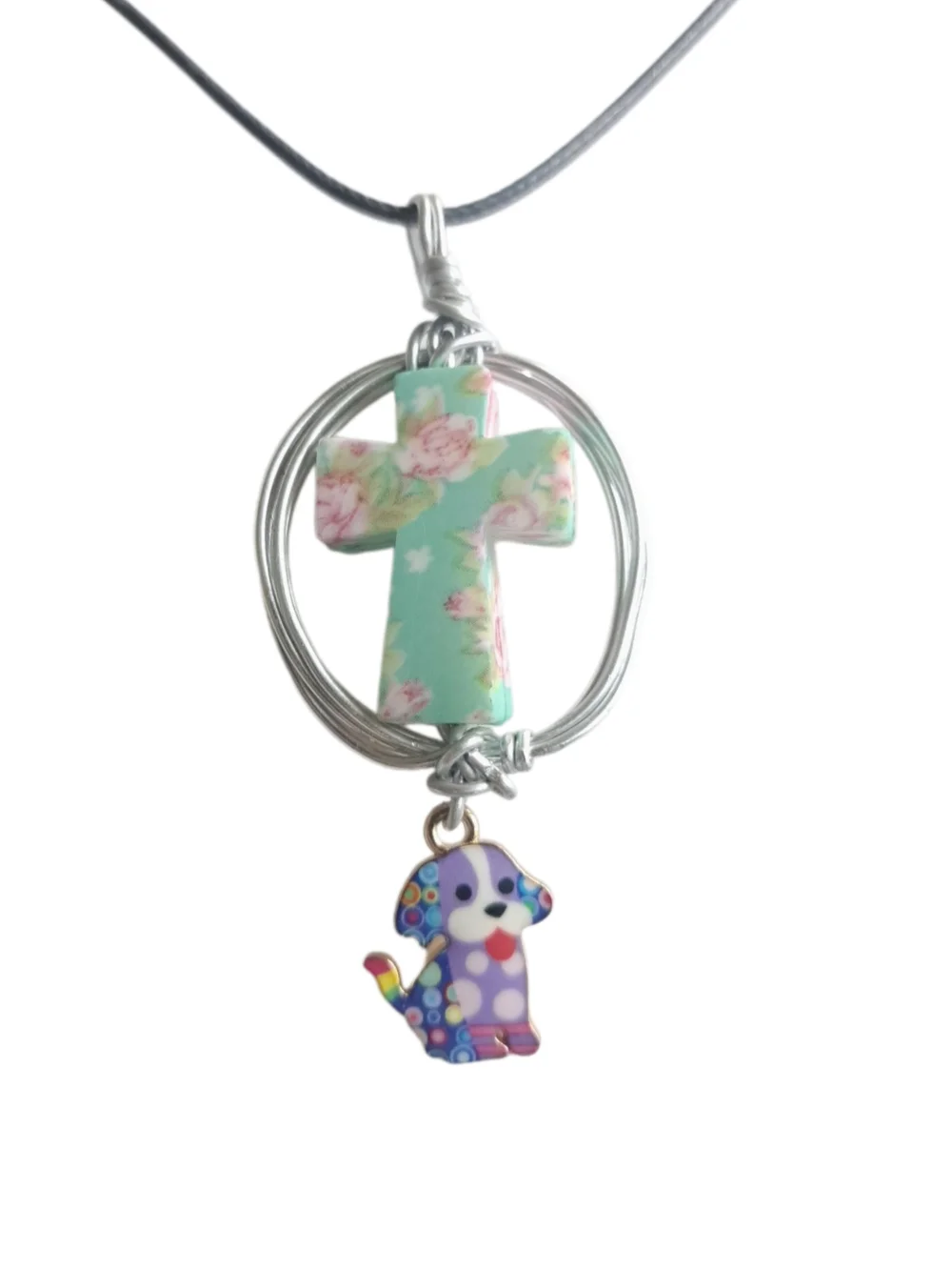 Floral Mint Cross Pendant & Colorful Puppy Charm w/ Cord Necklace| NWOT